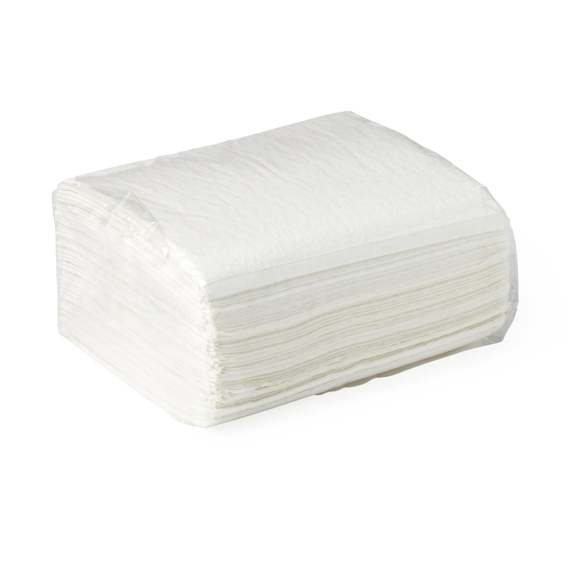 Disposable washcloths stacked in a clear plastic-wrapped bundle of white nonwoven cloths on a white background