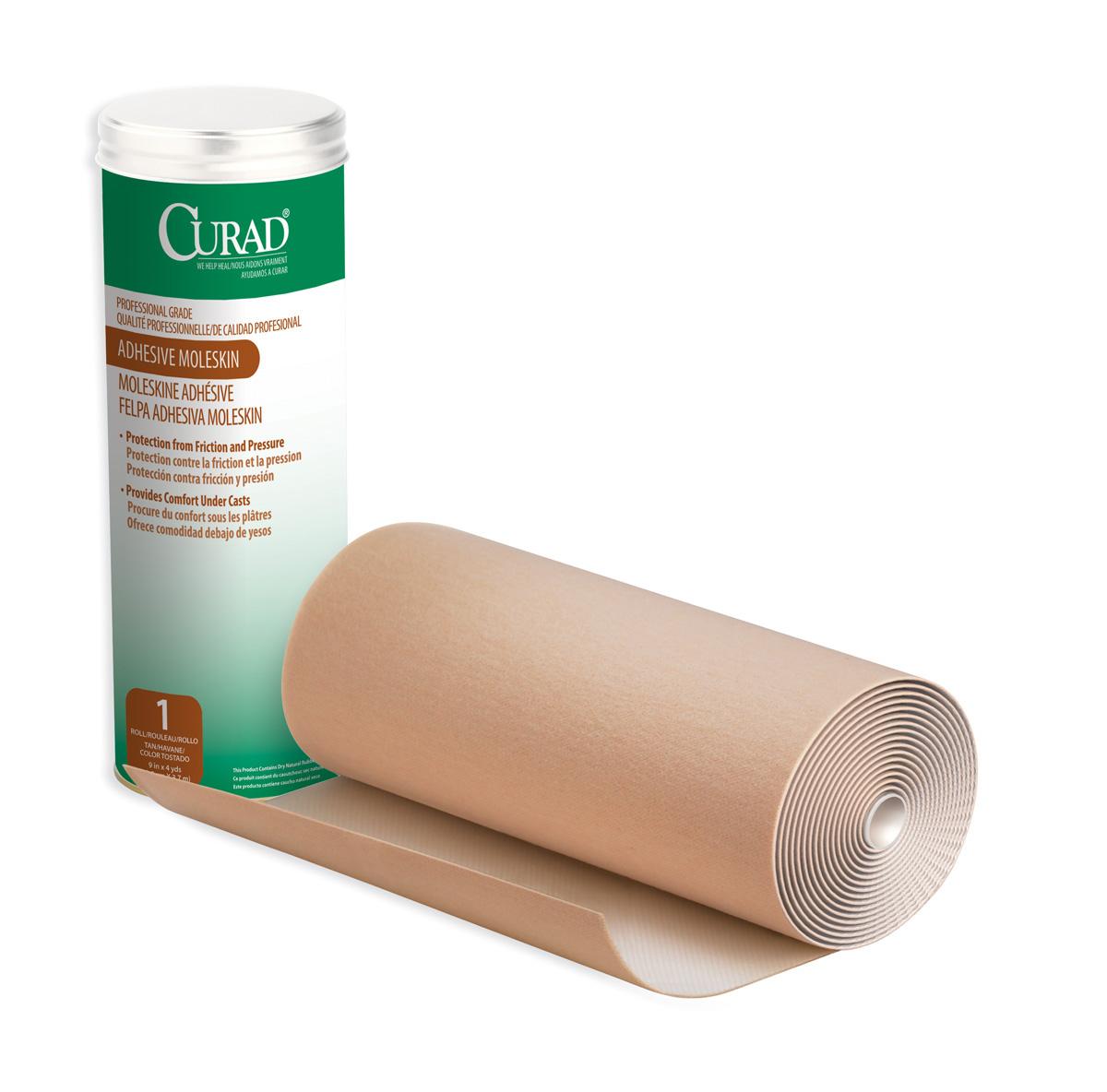 Curad adhesive moleskin roll in tan beside its green and white cylindrical canister packaging on white background