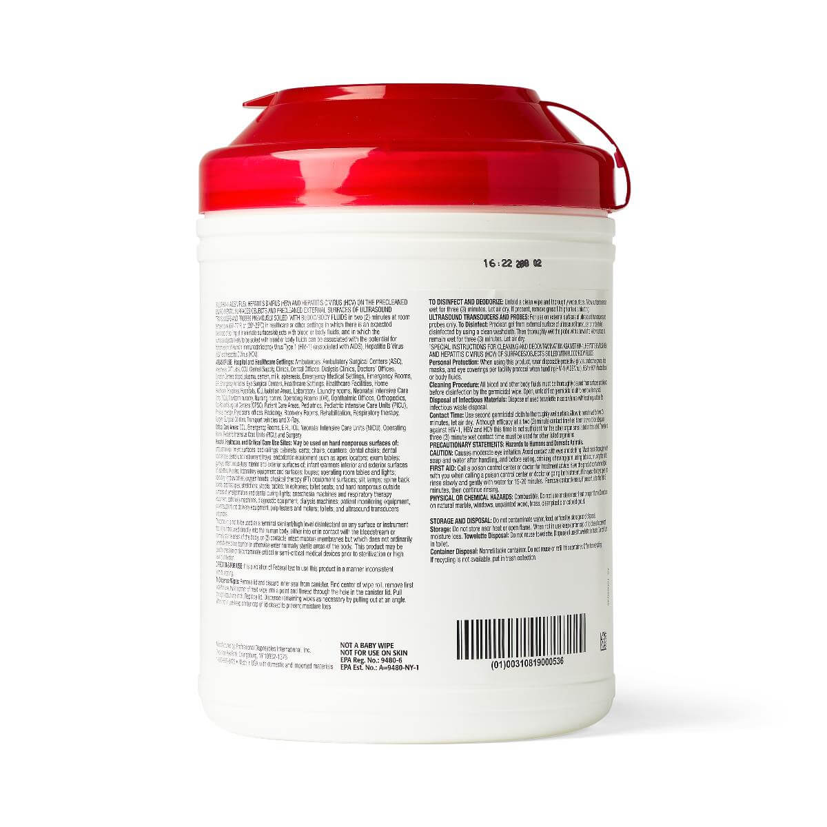 Sani-Cloth Plus Germicidal Wipes canister showing back label with instructions and red flip-top lid