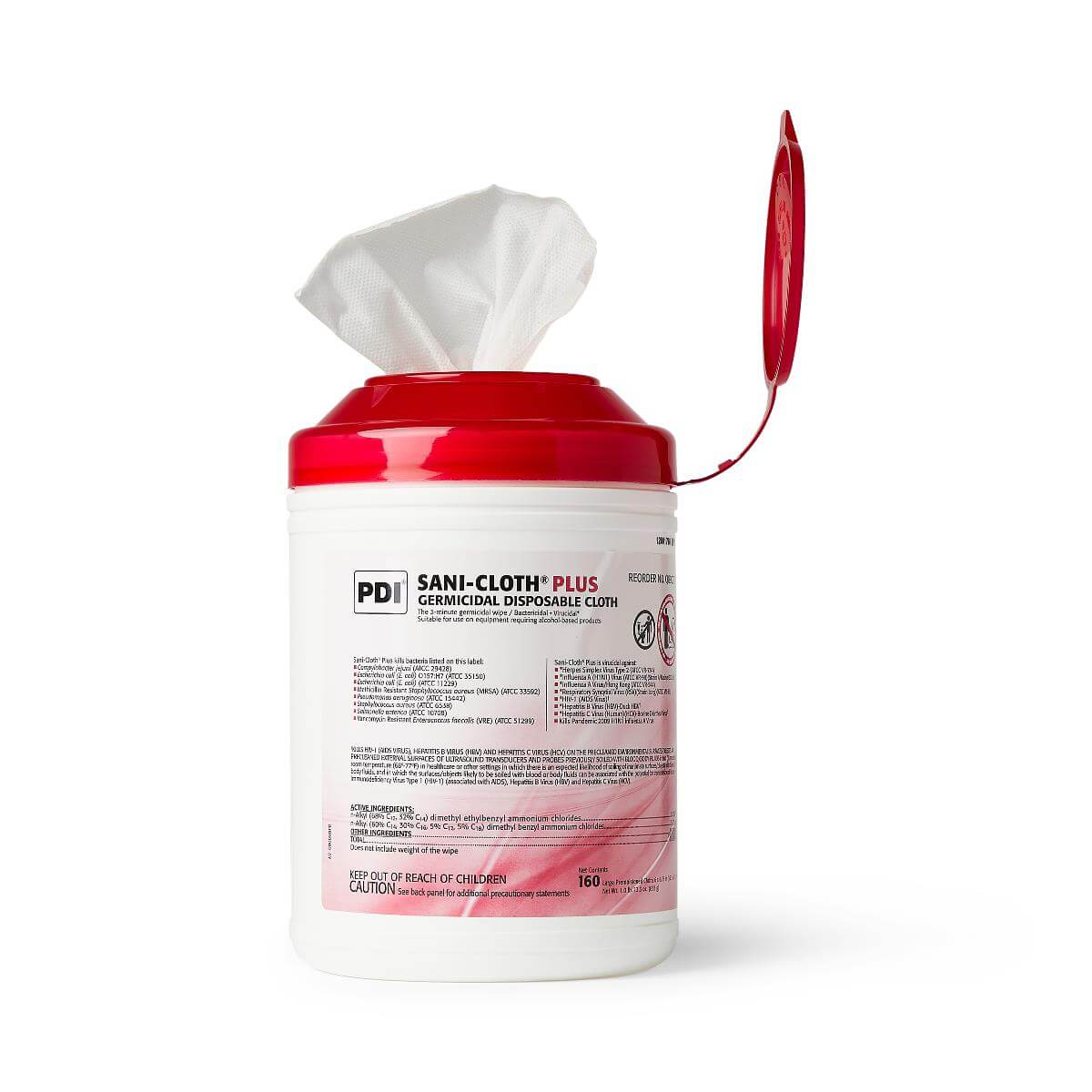 Sani-Cloth Plus Germicidal Disposable Cloth canister with red flip-top lid open and white wipe pulling out