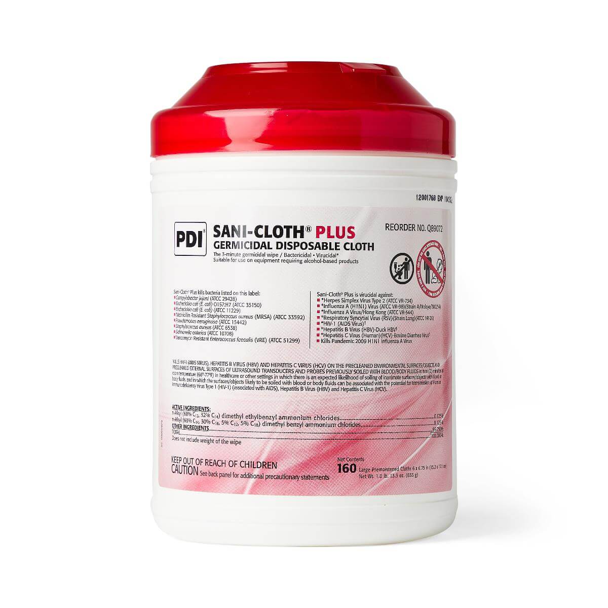 Sani-Cloth Plus Germicidal Disposable Cloth wipes canister with red lid, 160-count, white container with red label