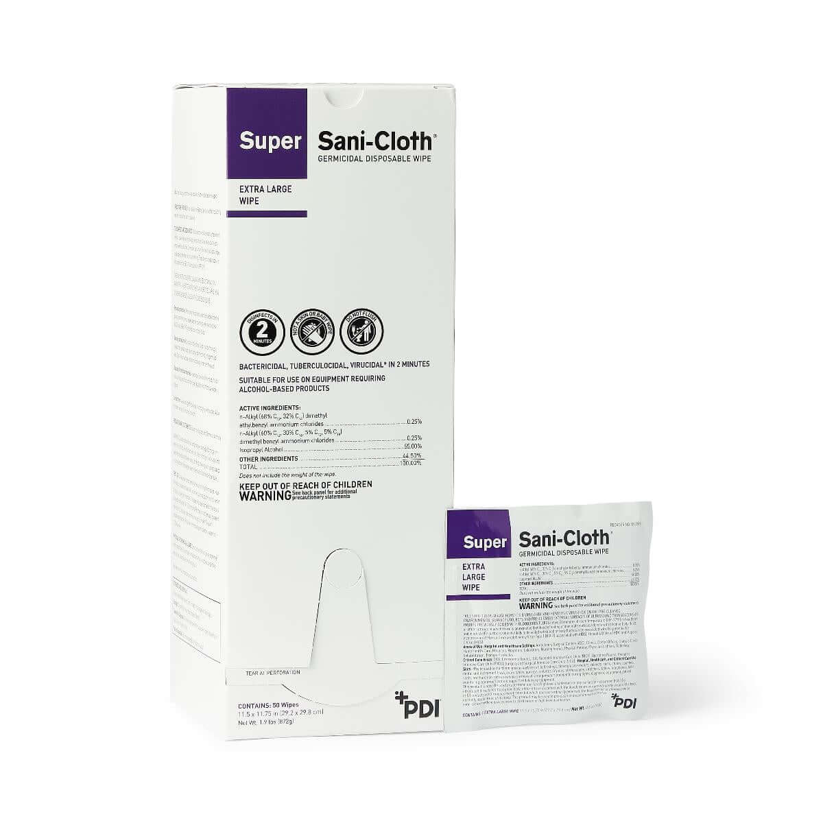 Sani-Cloth Super Germicidal Disposable Wipes box of 50 extra large wipes with one individual foil packet shown