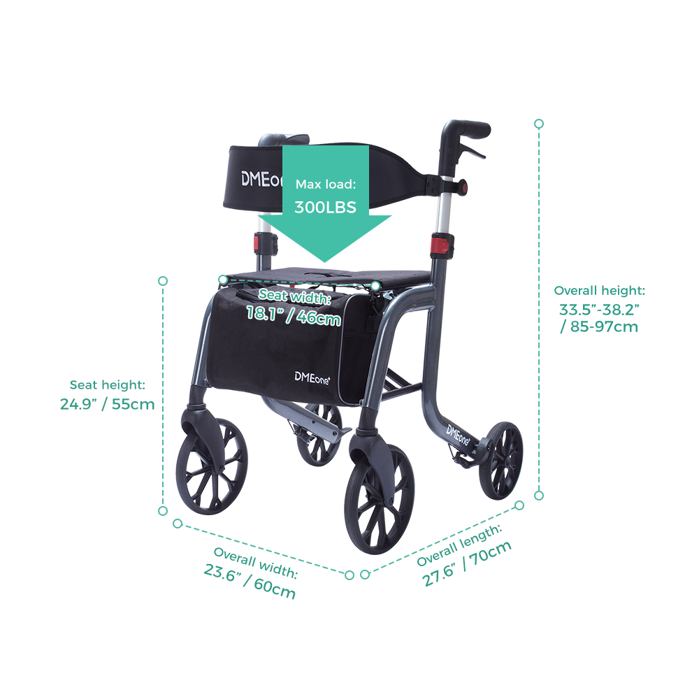 Rollator walker with seat, back support, and storage bag shown with dimension and weight capacity callouts on white