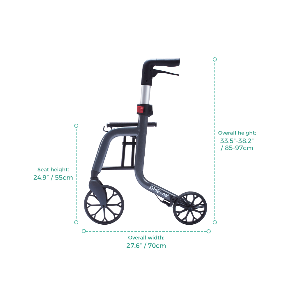 Rollator side view diagram showing seat height, overall height, and width dimensions with labeled measurements on white