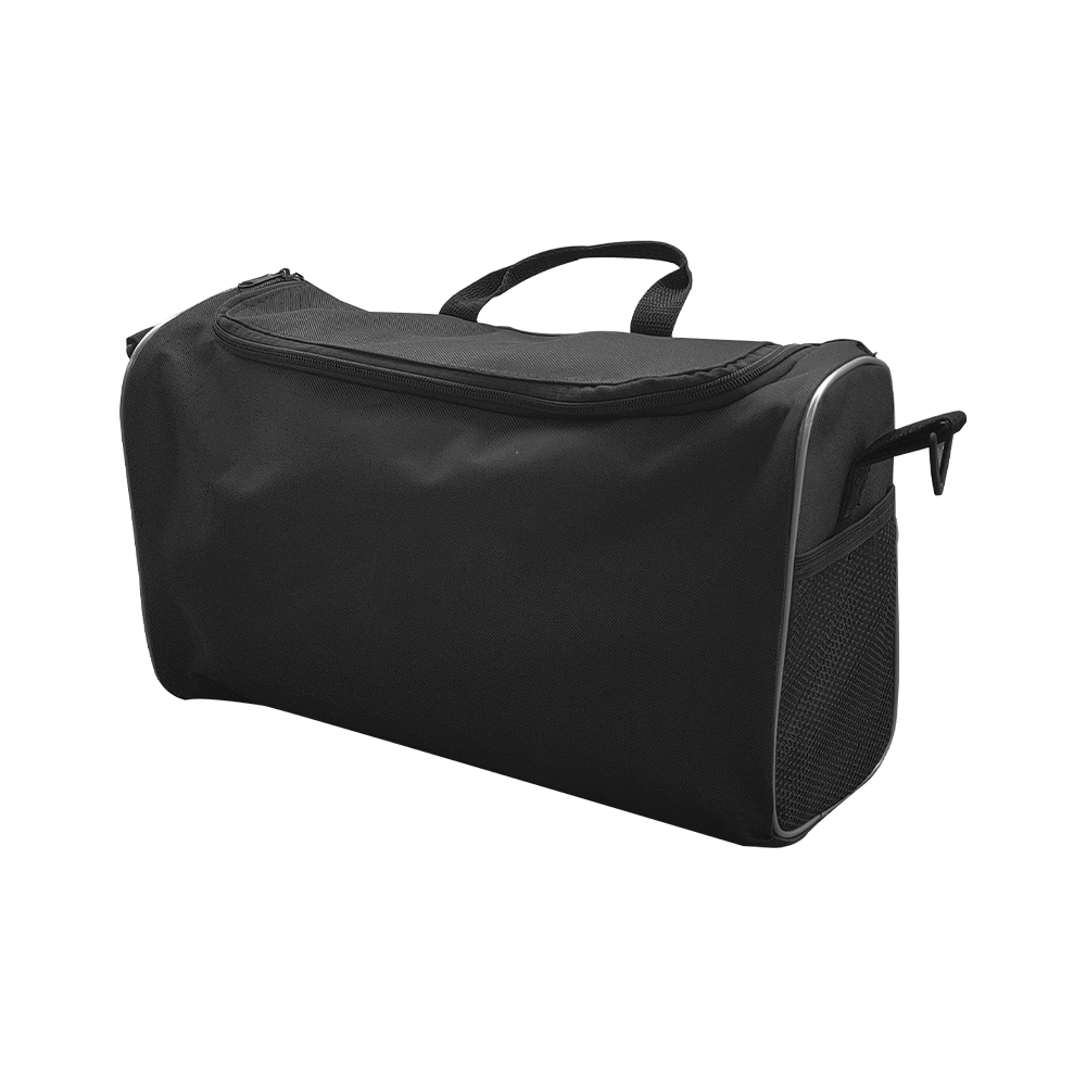 Rollator carry bag in black nylon with top handle, zipper closure, side mesh pocket, and clip attachment