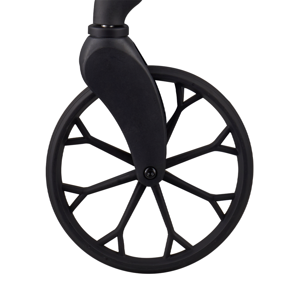 Rollator front swivel caster wheel with black spoked design and fork assembly, close-up view on white background