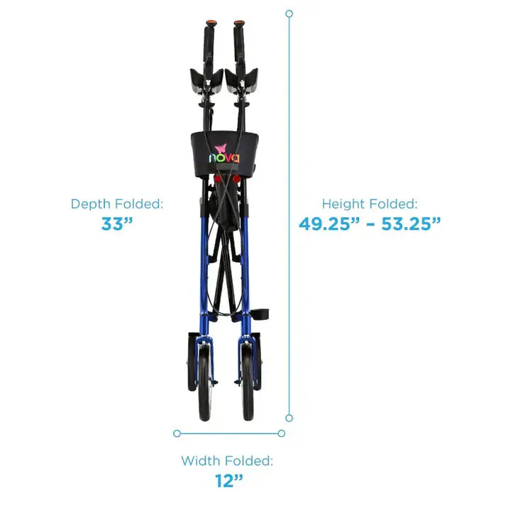 Nova upright rollator walker shown folded from the front with dimension labels indicating 12" width, 33" depth, and