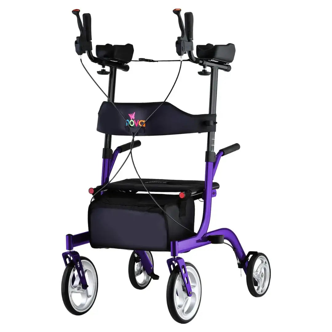 Upright rollator walker with purple frame, padded forearm rests, hand brakes, seat, underseat bag, and four wheels