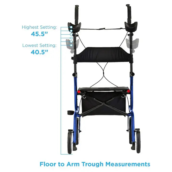 Upright rollator walker with padded forearm troughs shown front-facing with height adjustment range labeled 40.5 to 45.5