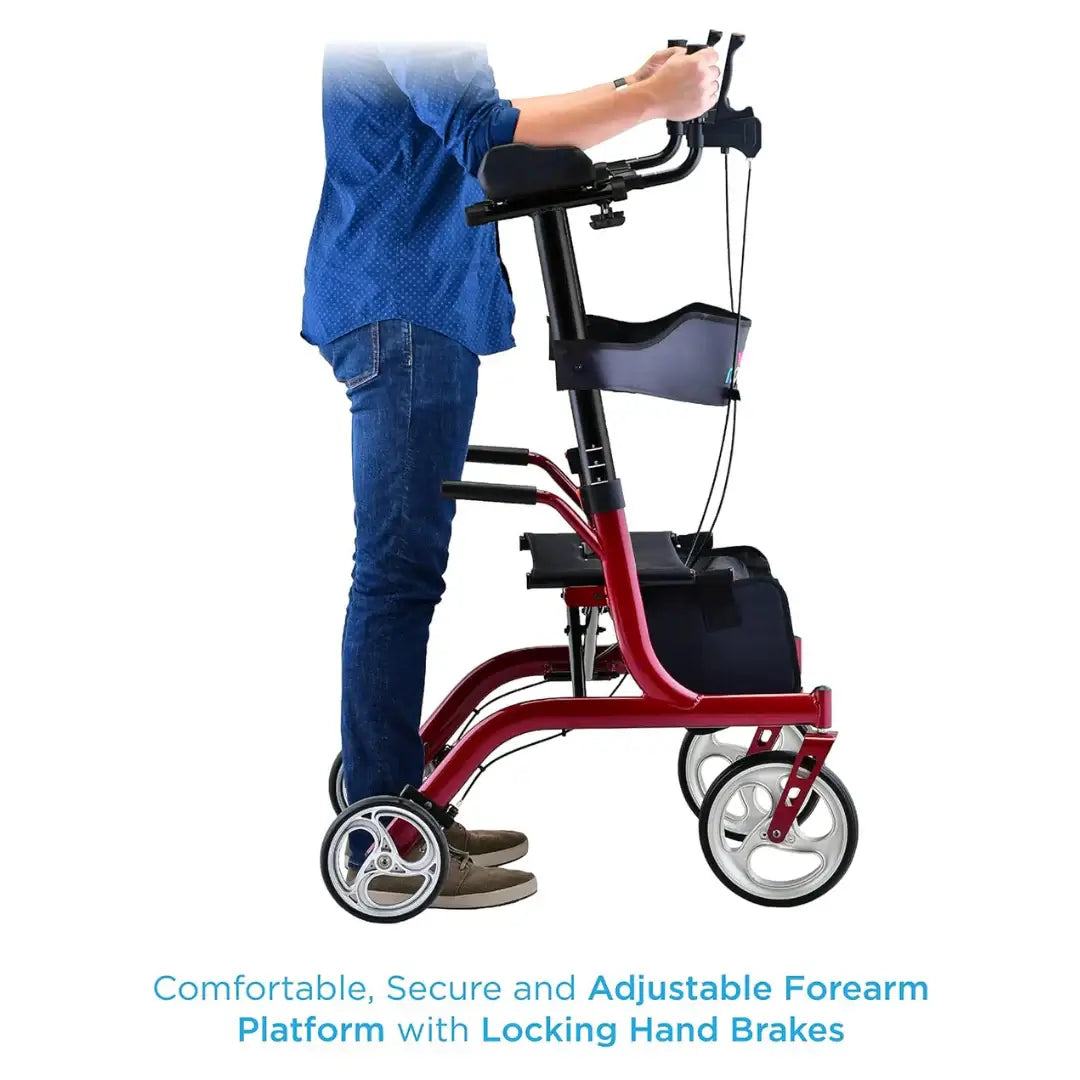 Upright rollator walker with padded forearm rests and locking hand brakes in red, shown in use by a person from the side