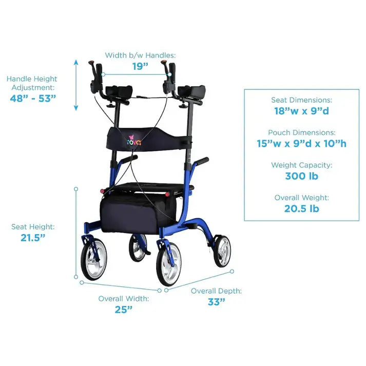 Upright rollator walker in blue with padded forearm rests, seat, storage pouch, and four wheels, shown with dimension