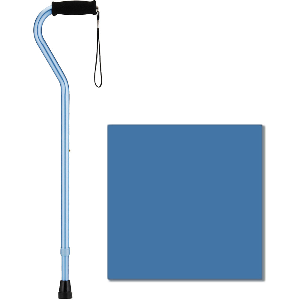 Offset walking cane in light blue with black foam grip, wrist strap, adjustable shaft, and rubber tip, shown with blue color