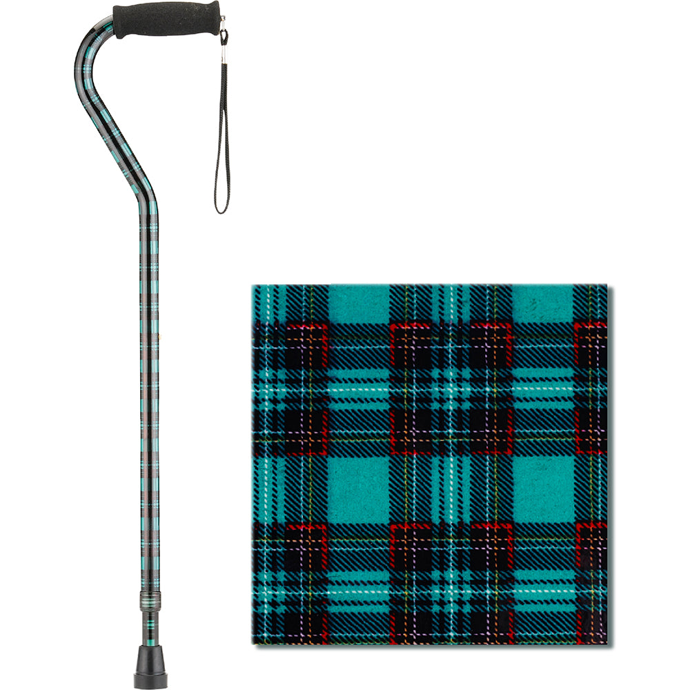 Offset walking cane with black foam handle and wrist strap in teal and black plaid pattern, with close-up swatch detail
