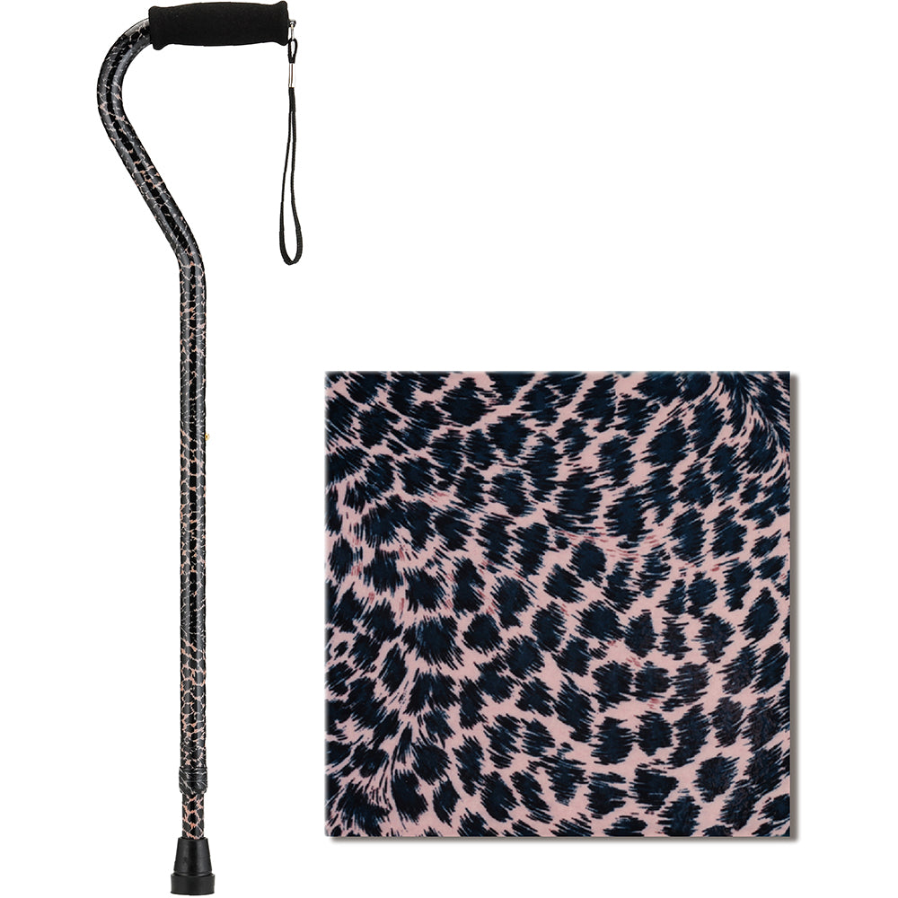 Offset walking cane with black foam handle, wrist strap, and pink leopard print shaft, shown with pattern close-up