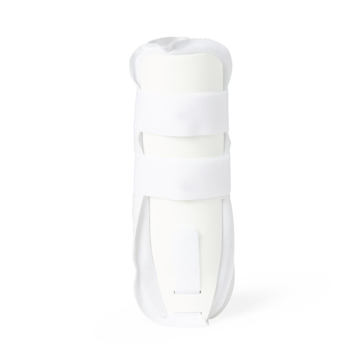 Foam stirrup-style ankle support in white with padded lining and adjustable hook-and-loop closure straps, front view