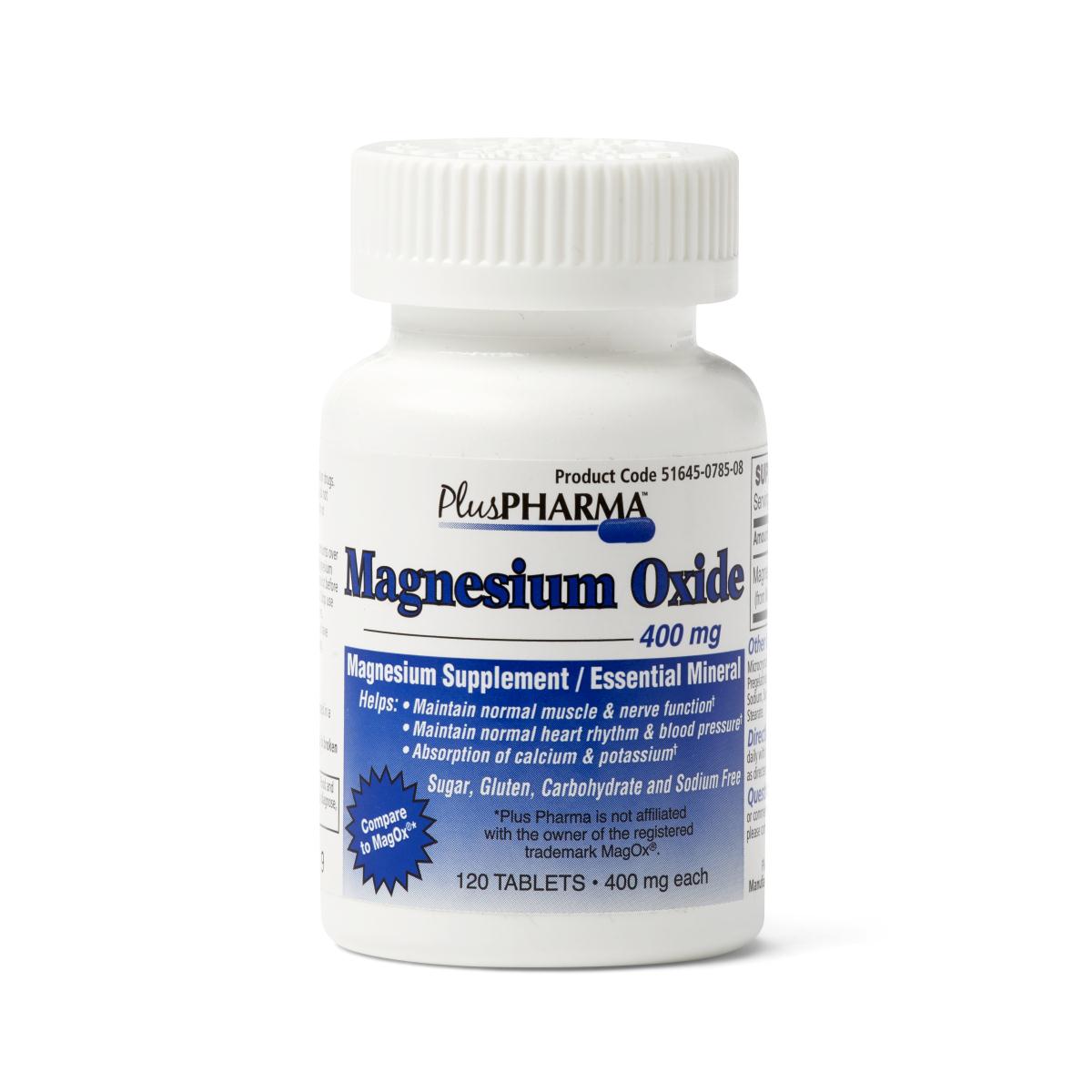 Magnesium Oxide 400 mg supplement tablets, white plastic bottle with blue and white label, 120 count