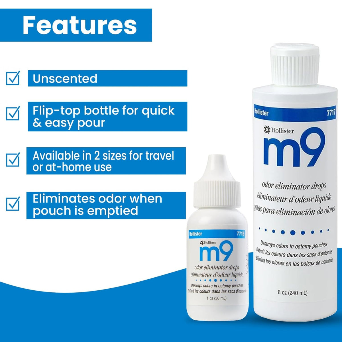Hollister M9 odor eliminator drops in small 1 oz and large 8 oz bottles shown alongside a features checklist