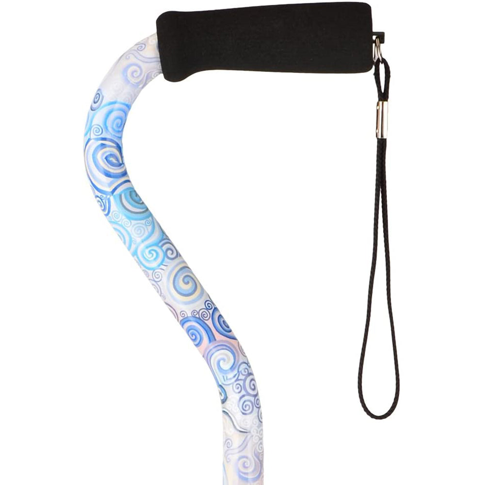 Walking cane with blue swirl pattern, black foam offset handle, and black wrist strap on white background