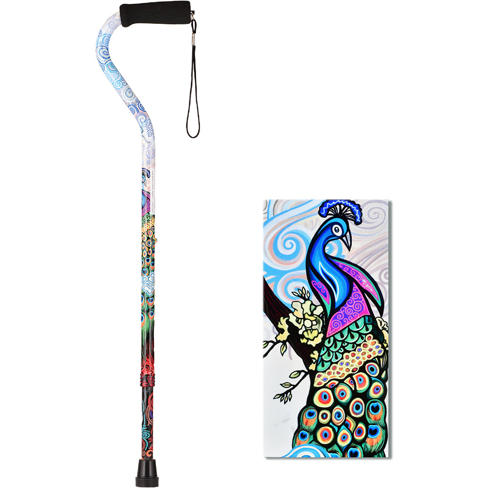 Offset walking cane with colorful peacock artwork, black foam handle, wrist strap, and rubber tip, shown with design detail