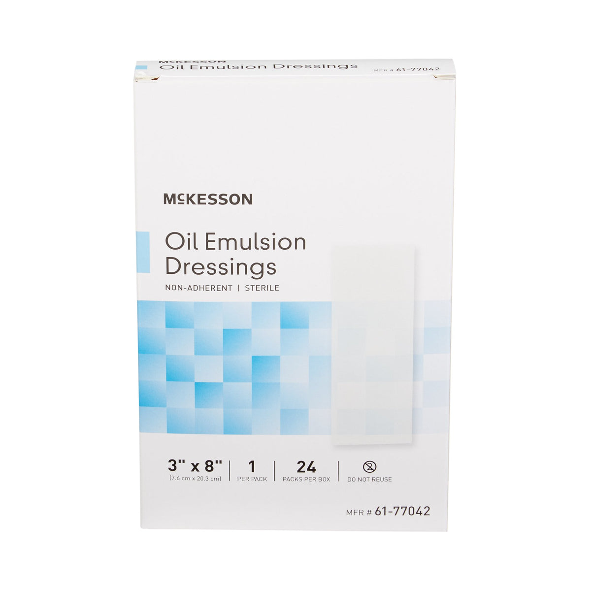 Oil emulsion impregnated dressing box labeled non-adherent sterile, 3x8 inch, 24 packs, white with blue geometric design