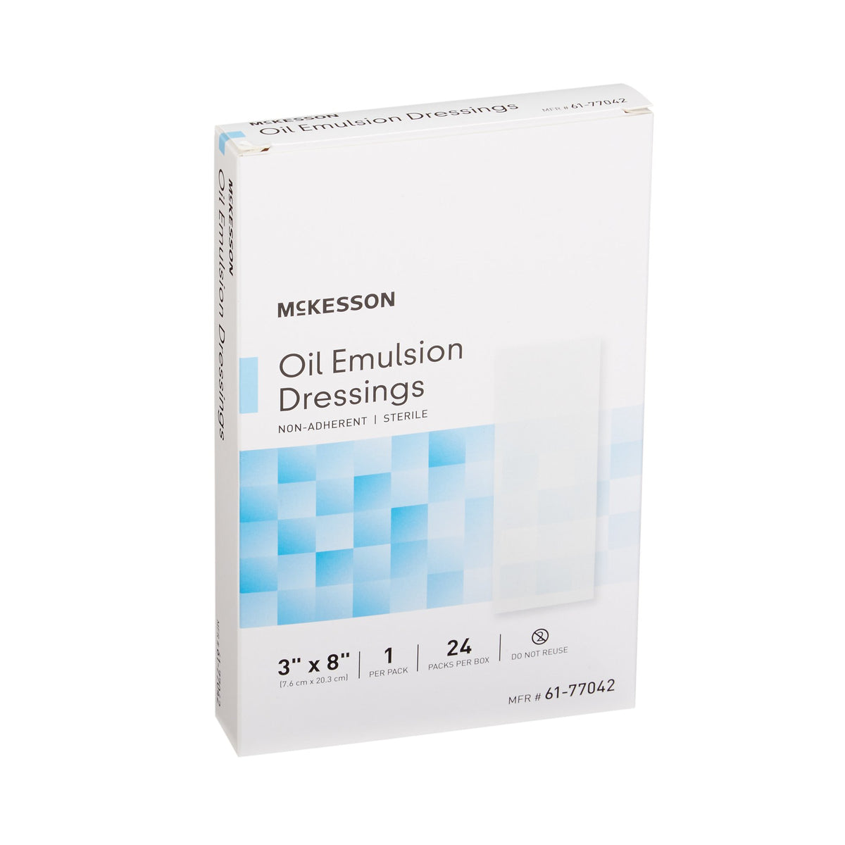Oil emulsion impregnated dressing box, white with blue geometric design, labeled non-adherent sterile, 3x8 inch, 24 packs