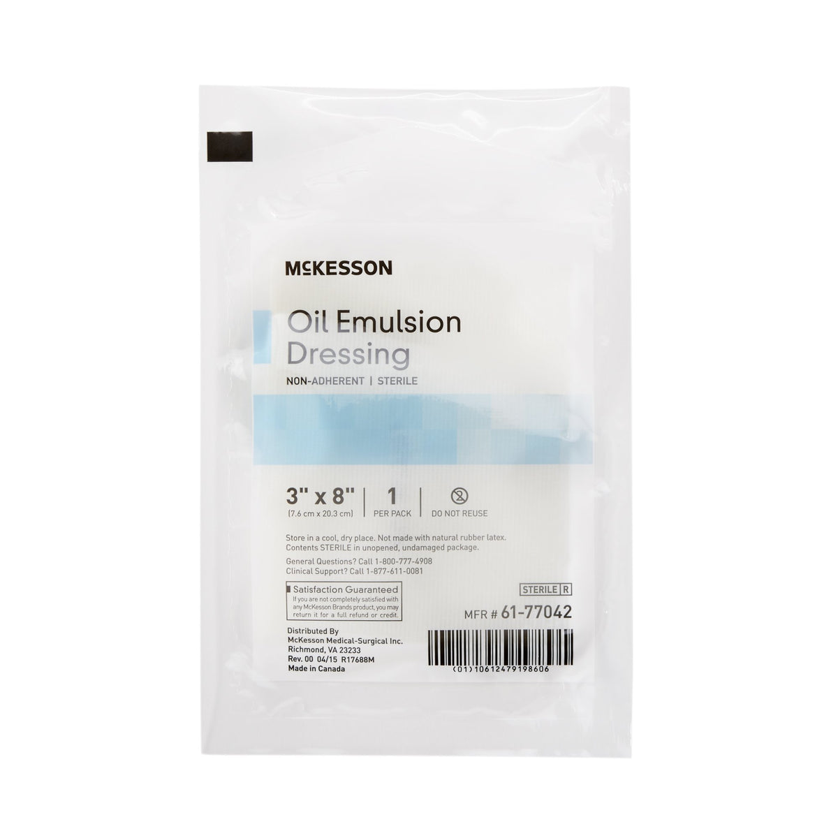 Oil emulsion impregnated dressing in sealed sterile white packaging labeled McKesson, 3 x 8 inch, non-adherent, 1 per pack