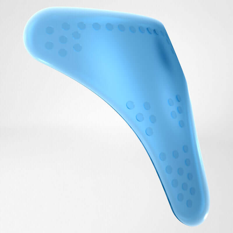 Shoulder brace knit pad insert in light blue silicone with raised dot pattern, boomerang-shaped