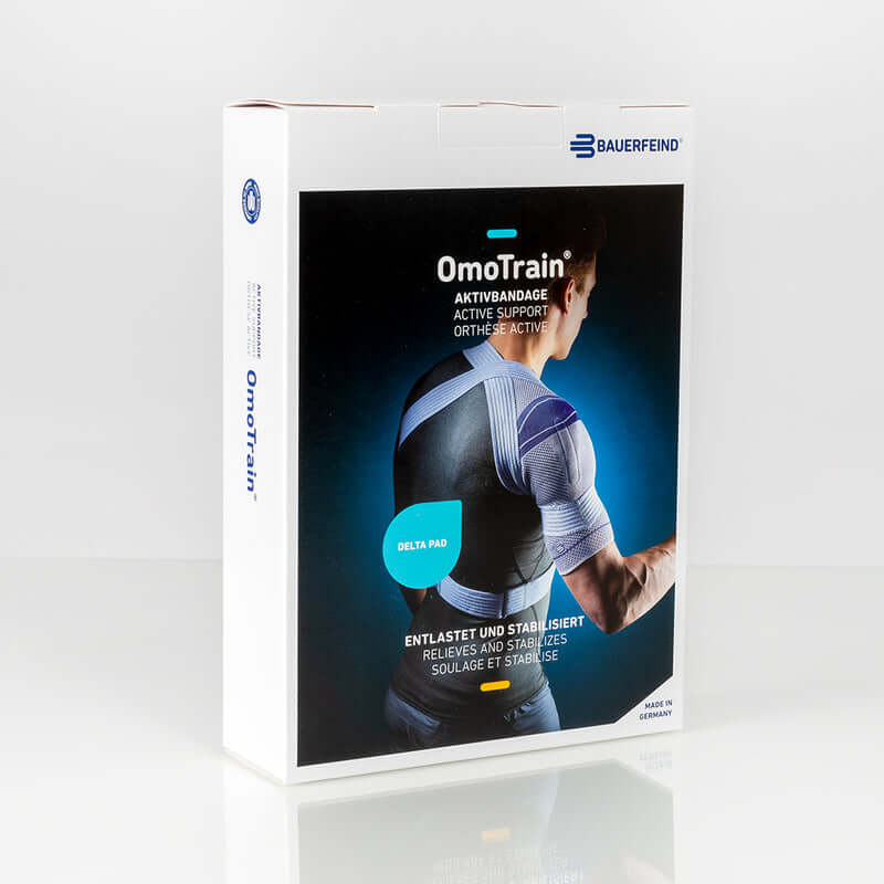 Bauerfeind OmoTrain shoulder brace retail packaging showing person wearing the active support brace from behind