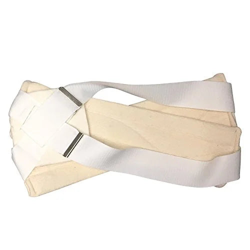 Clavicle brace with figure-8 design in white elastic fabric and beige foam padding with metal fasteners