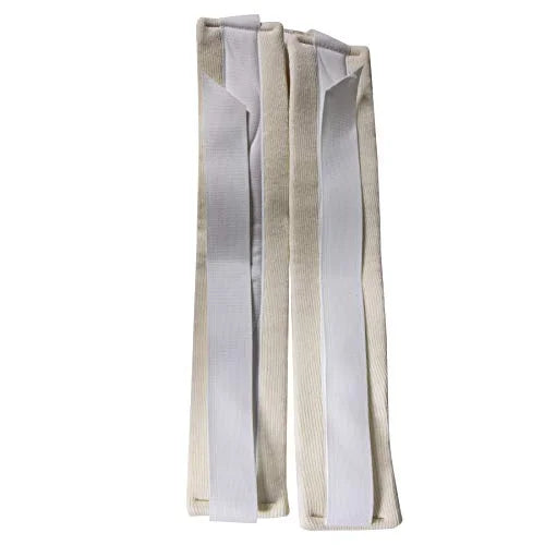 Clavicle figure-8 brace in white knit fabric with elastic straps, laid flat showing both shoulder loops
