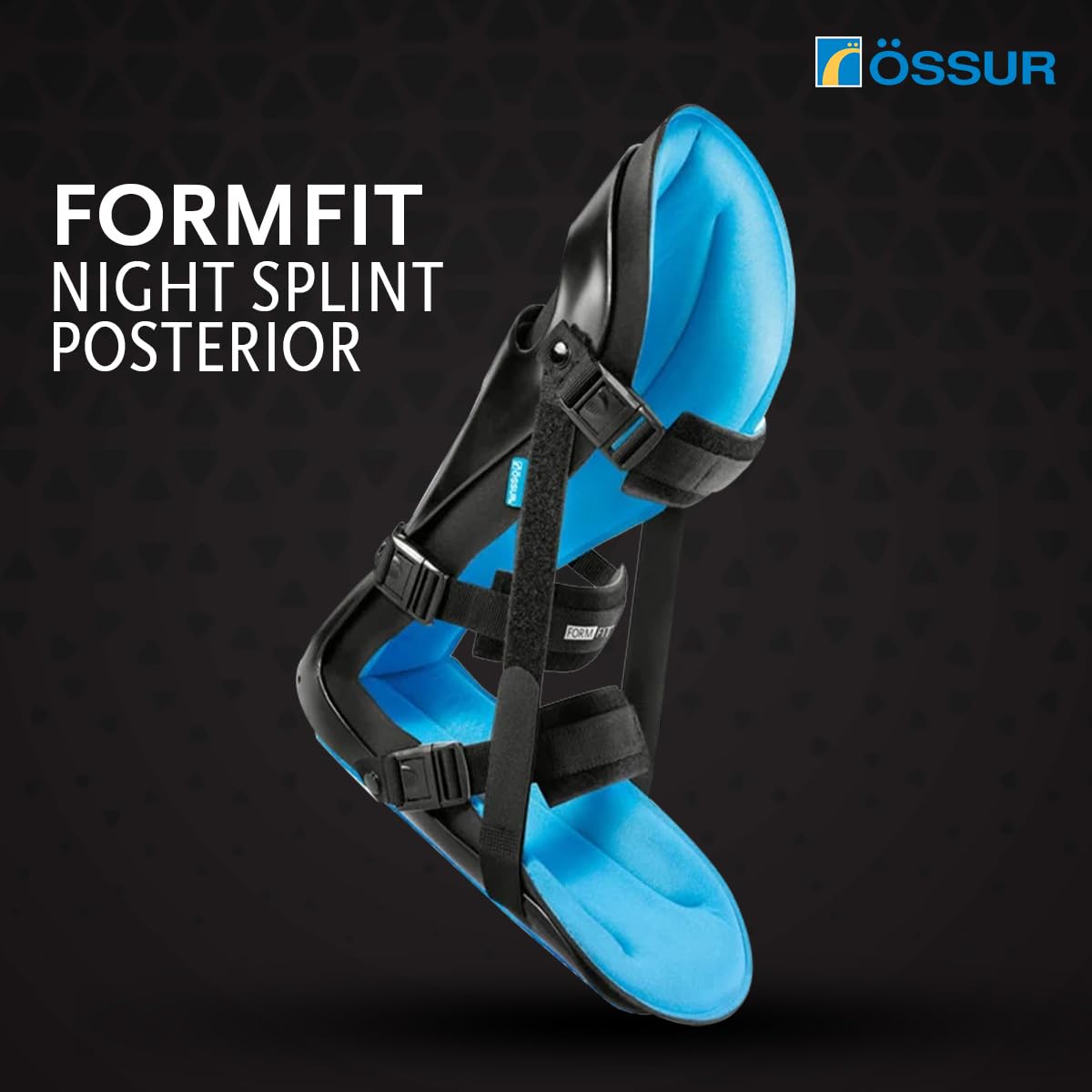 Ossur FormFit posterior night splint with black shell, blue padding, and adjustable straps shown against dark background