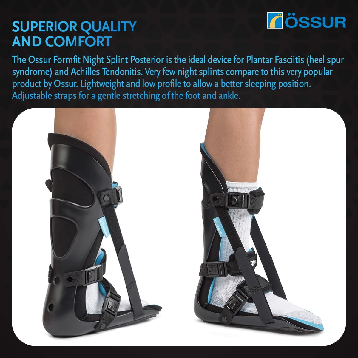 Ossur FormFit posterior night splint shown from rear and side angles on a leg, black hard shell with blue accents and