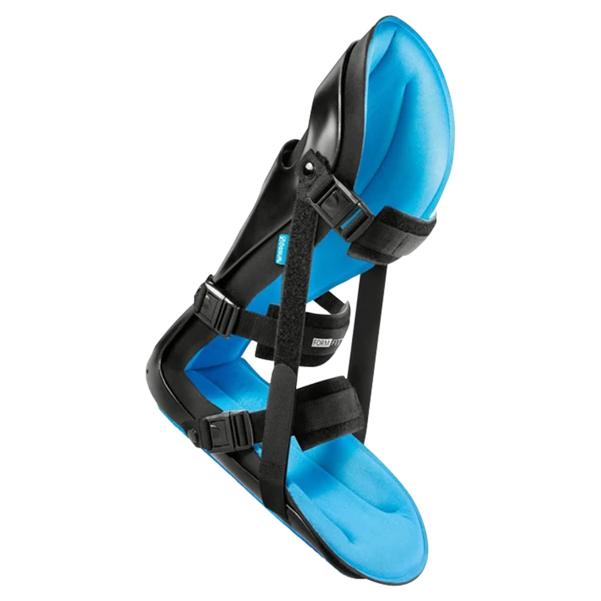 Night splint with black plastic shell, blue foam lining, adjustable straps, and buckle closures, shown from the side
