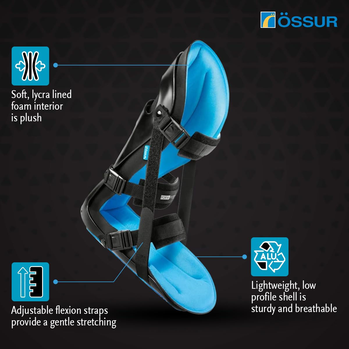 Ossur FormFit posterior night splint with blue foam lining, adjustable flexion straps, and lightweight shell shown on dark