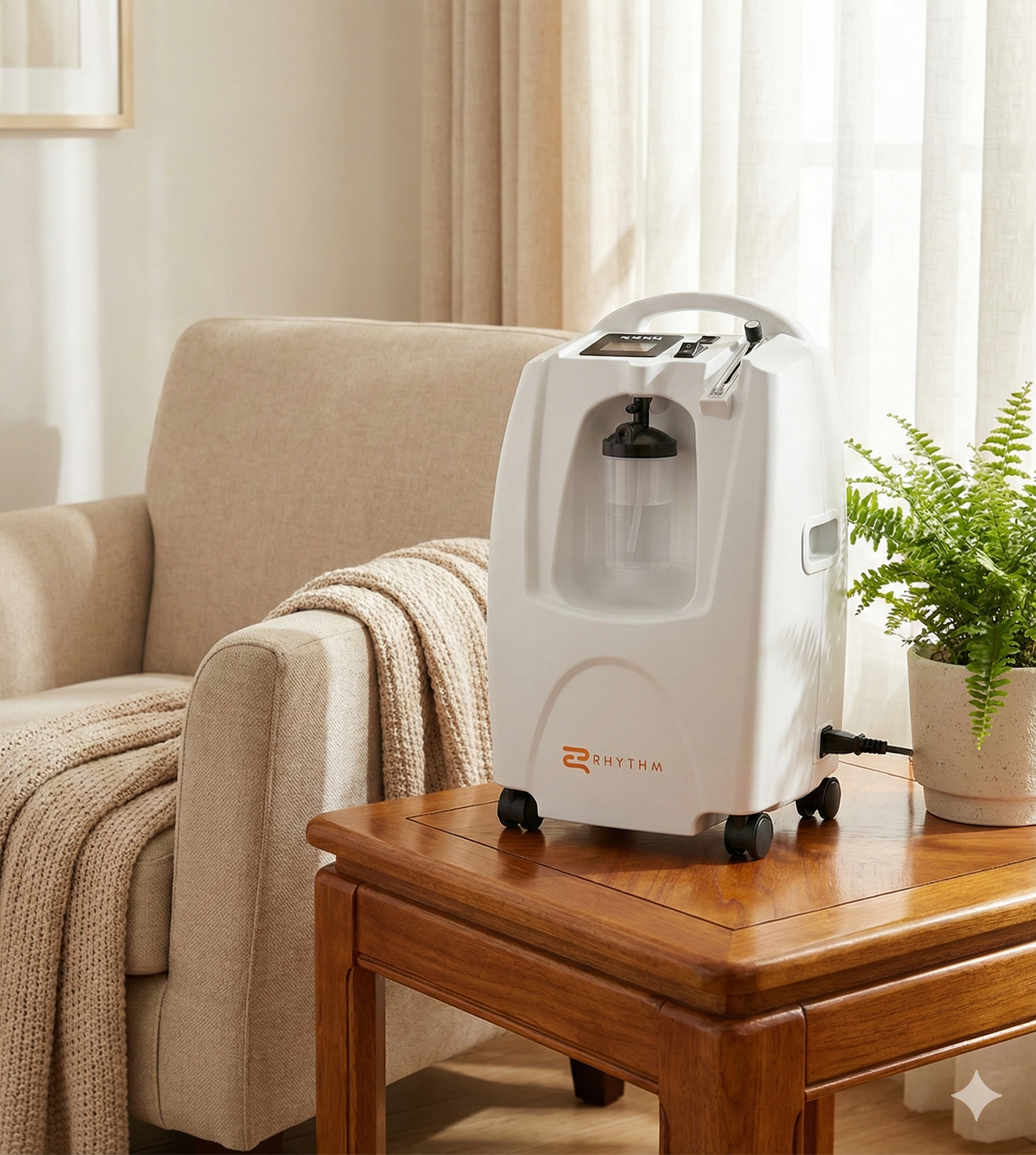 Stationary oxygen concentrator on a wooden side table beside a beige armchair and potted fern in a bright living room
