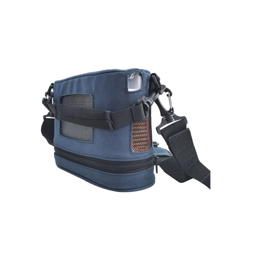 Portable oxygen concentrator carry bag in navy blue with mesh vents, zippered bottom compartment, and adjustable shoulder