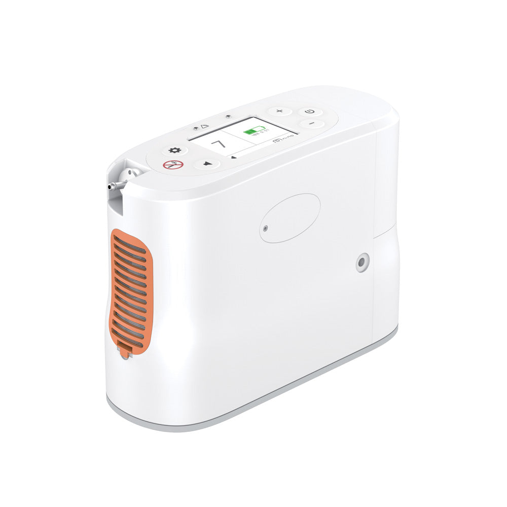 Portable oxygen concentrator in white with orange side vent, top-mounted digital display, and control buttons on white