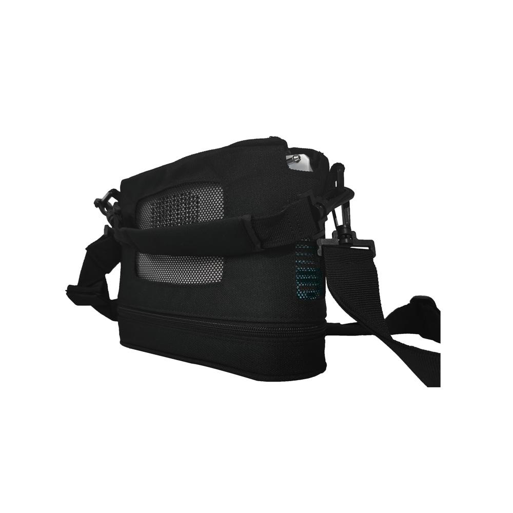 Portable oxygen concentrator carrying bag in black with mesh ventilation panels, zippered base, and adjustable shoulder strap