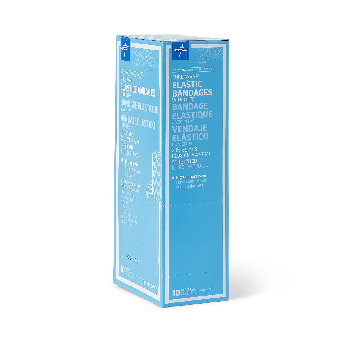 Elastic bandages box in light blue packaging, 10-roll count, labeled in English, French, and Spanish, shown at an angle