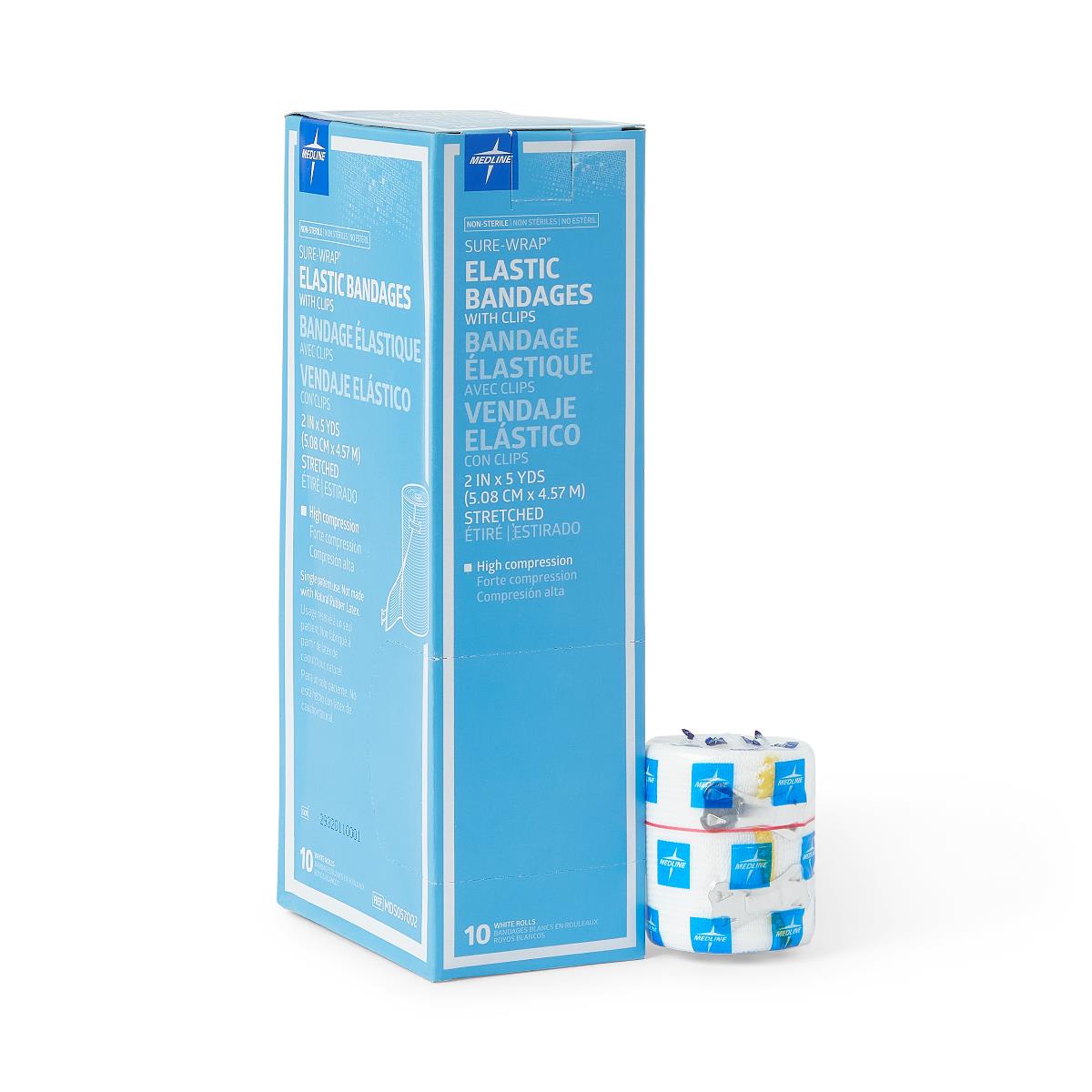 Elastic bandage box of 10 rolls with two rolled bandages displayed beside the blue packaging