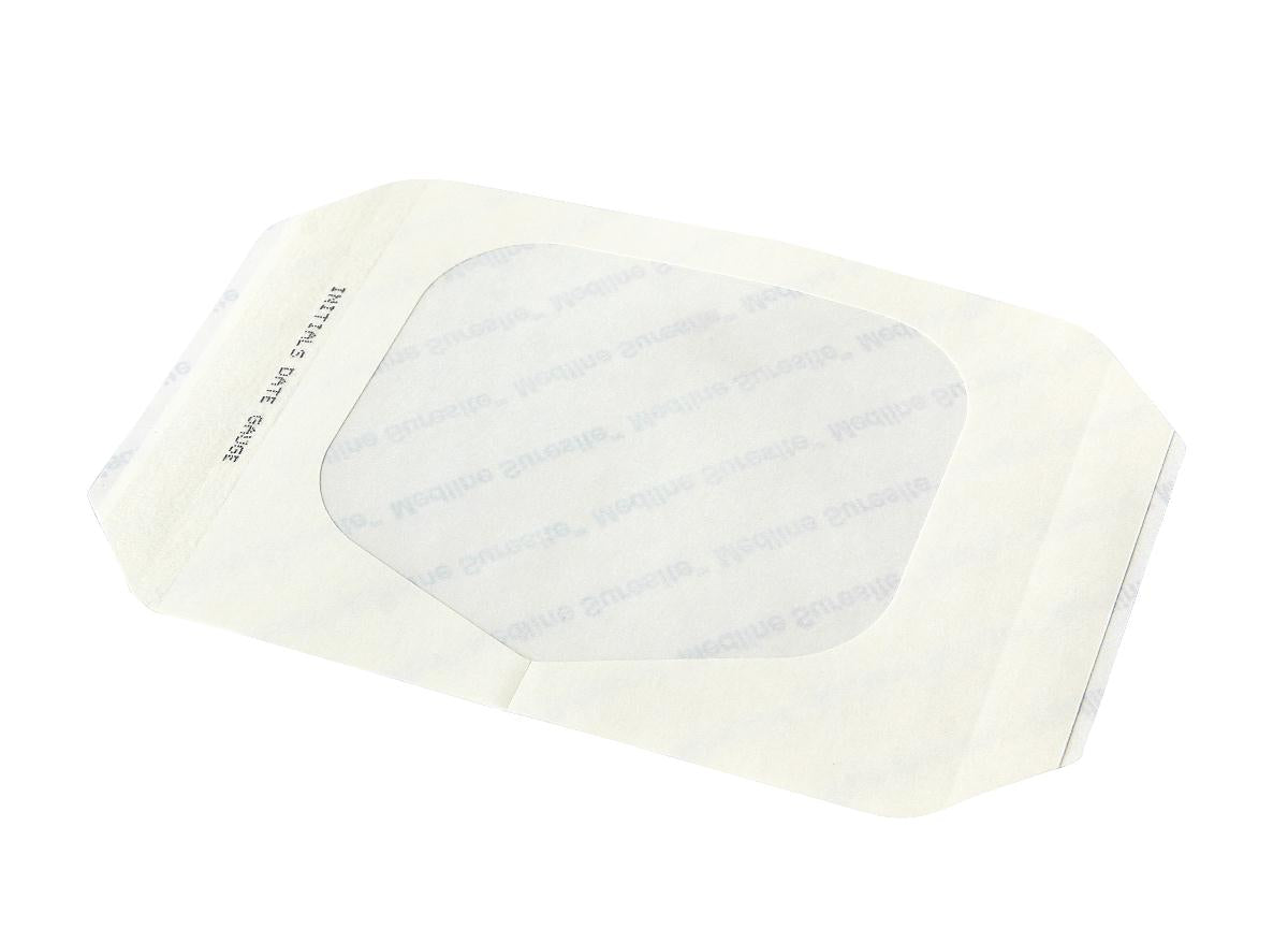 Transparent film dressing with white adhesive border and clear center pad, shown with protective backing liner partially