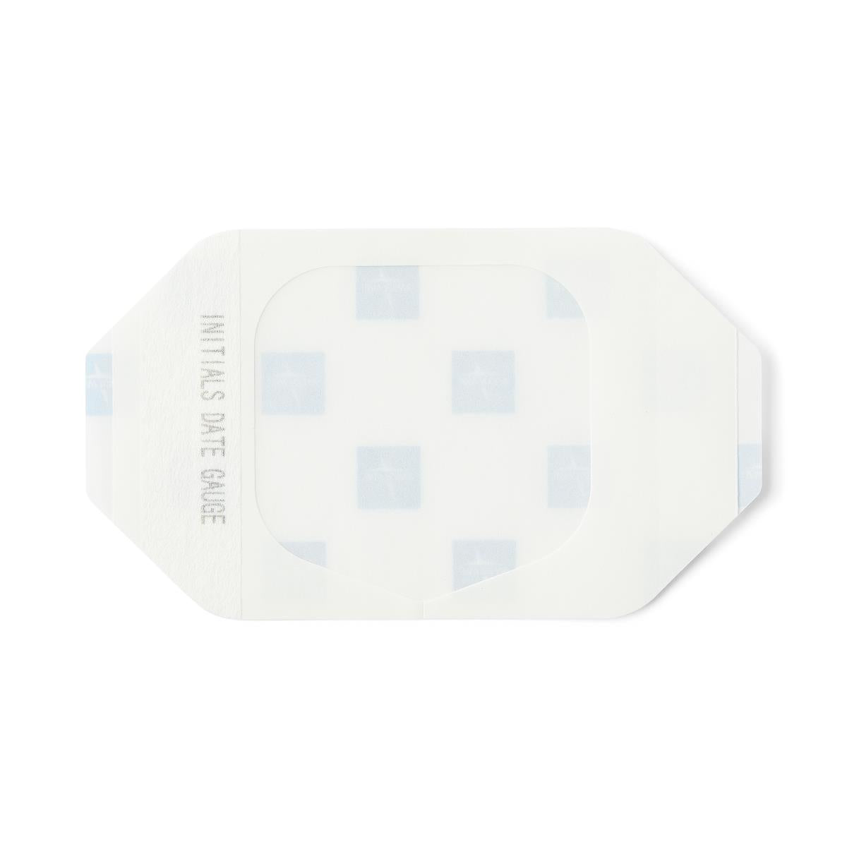 Transparent film dressing with gauze pad center, adhesive border, and initials/date/gauge labeling on white background