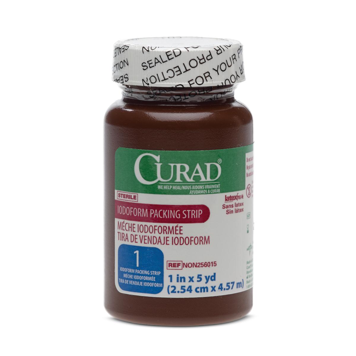 Iodoform packing strip in a sealed brown bottle with green and white label, sterile, latex-free