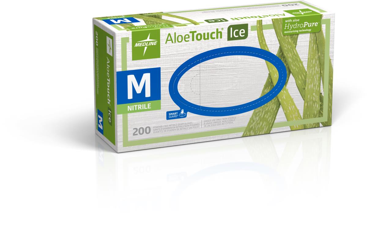 Nitrile exam gloves box, medium size, 200 count, green and white packaging with aloe vera imagery