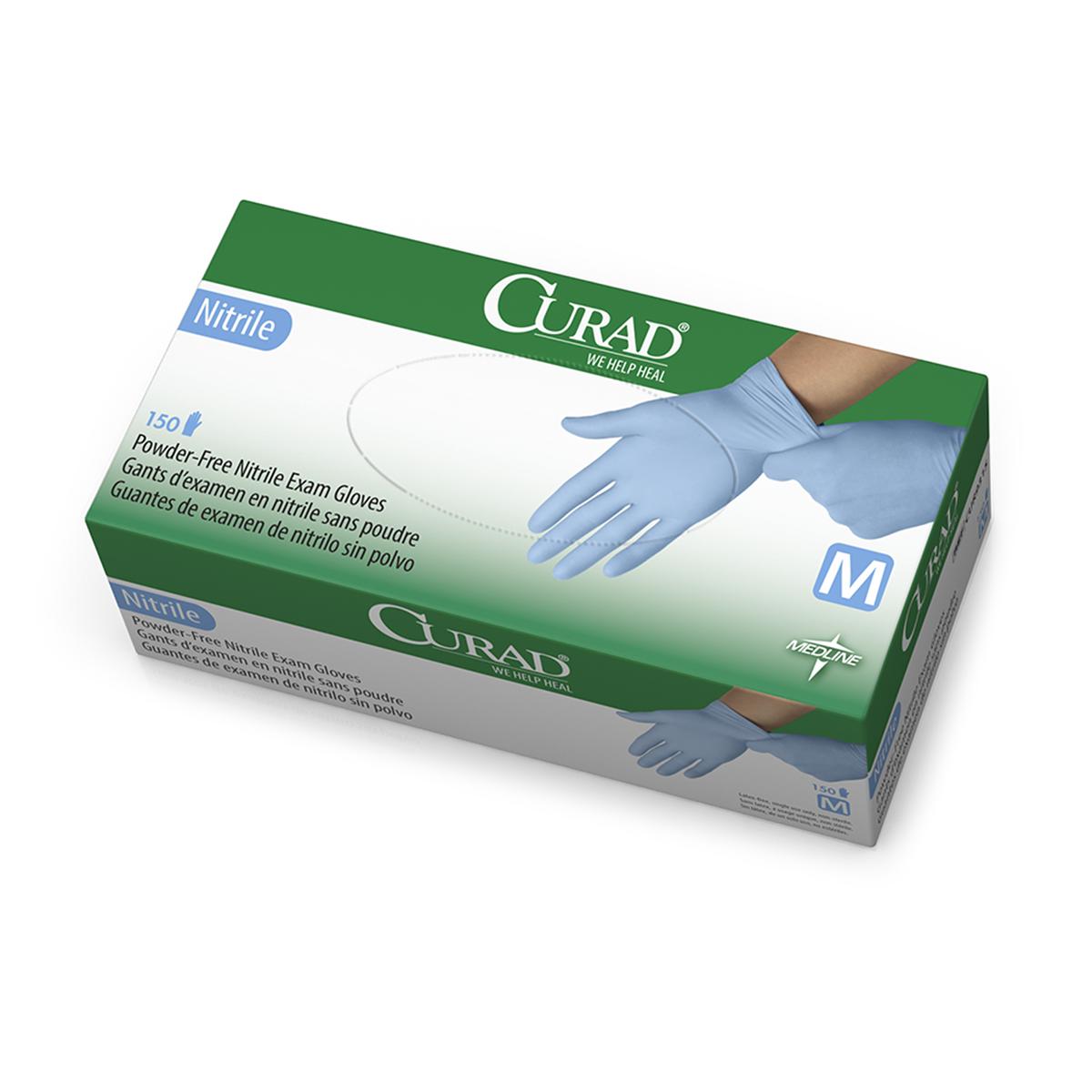 Nitrile exam gloves box, Curad brand, powder-free, 150 count, medium size, green and white packaging with blue glove imagery