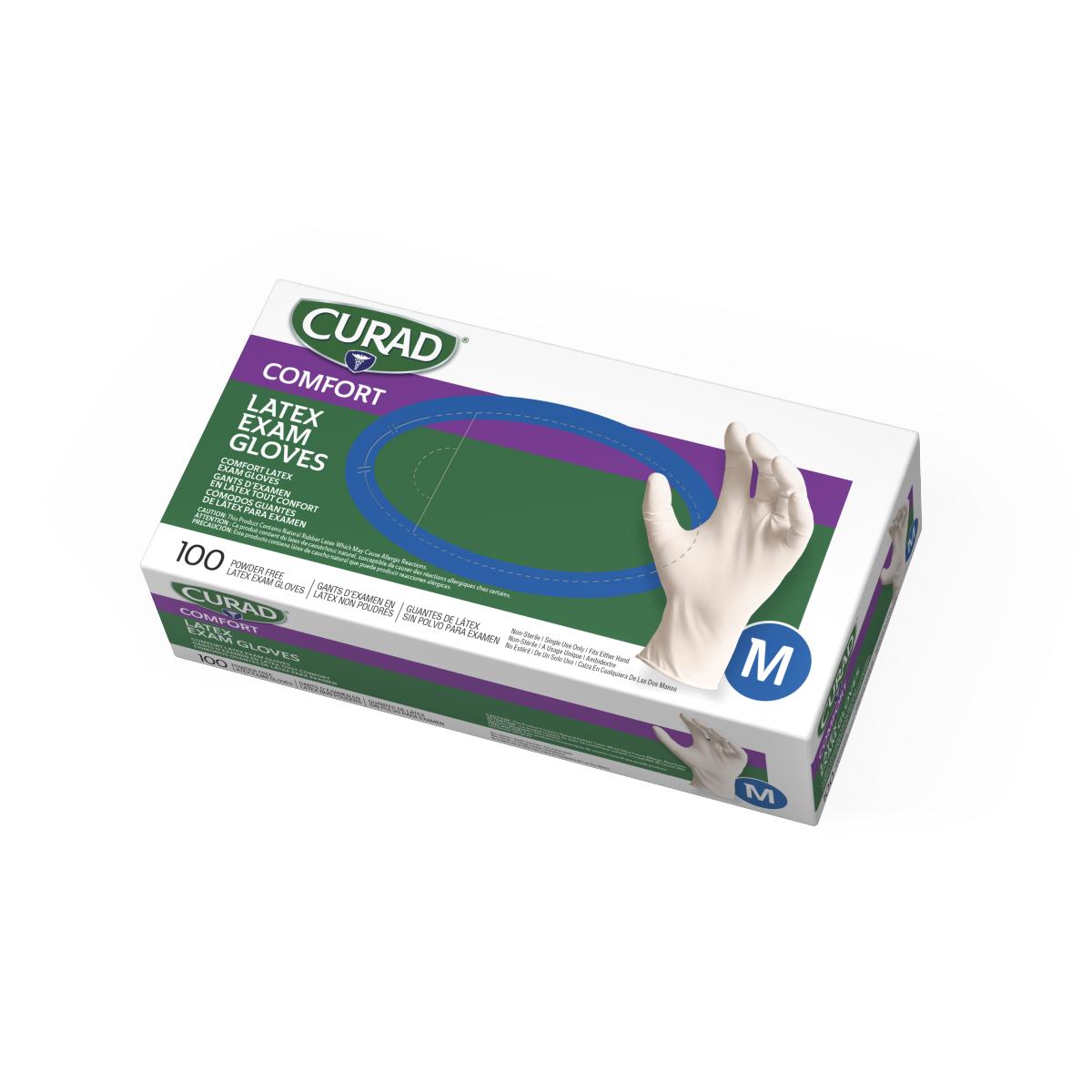 Latex exam gloves box, CURAD Comfort, powder-free, size medium, 100 count, white with green and purple label