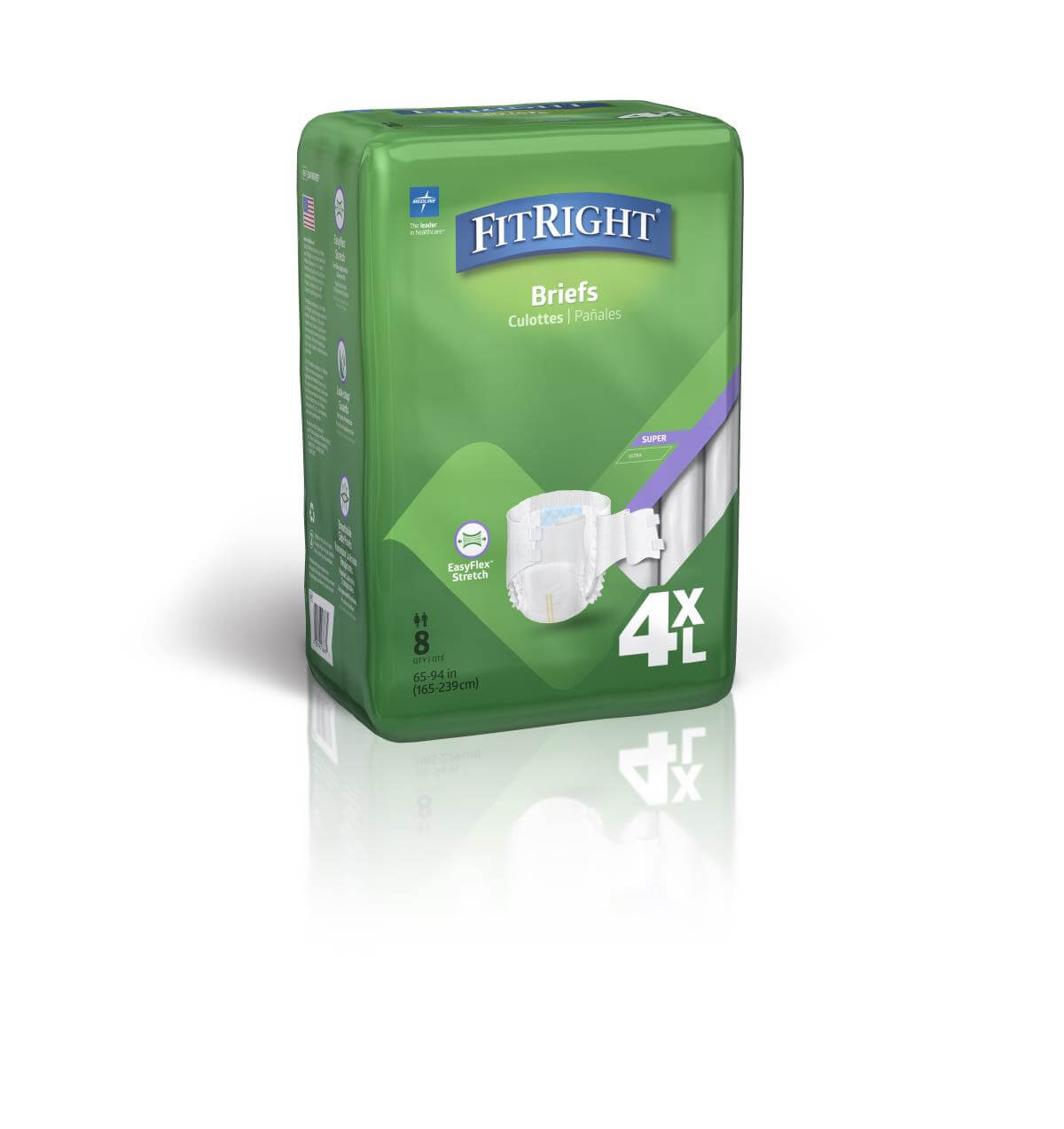 Bariatric adult incontinence briefs in green FitRight packaging, size 4XL, 8-count bag with brief illustration shown