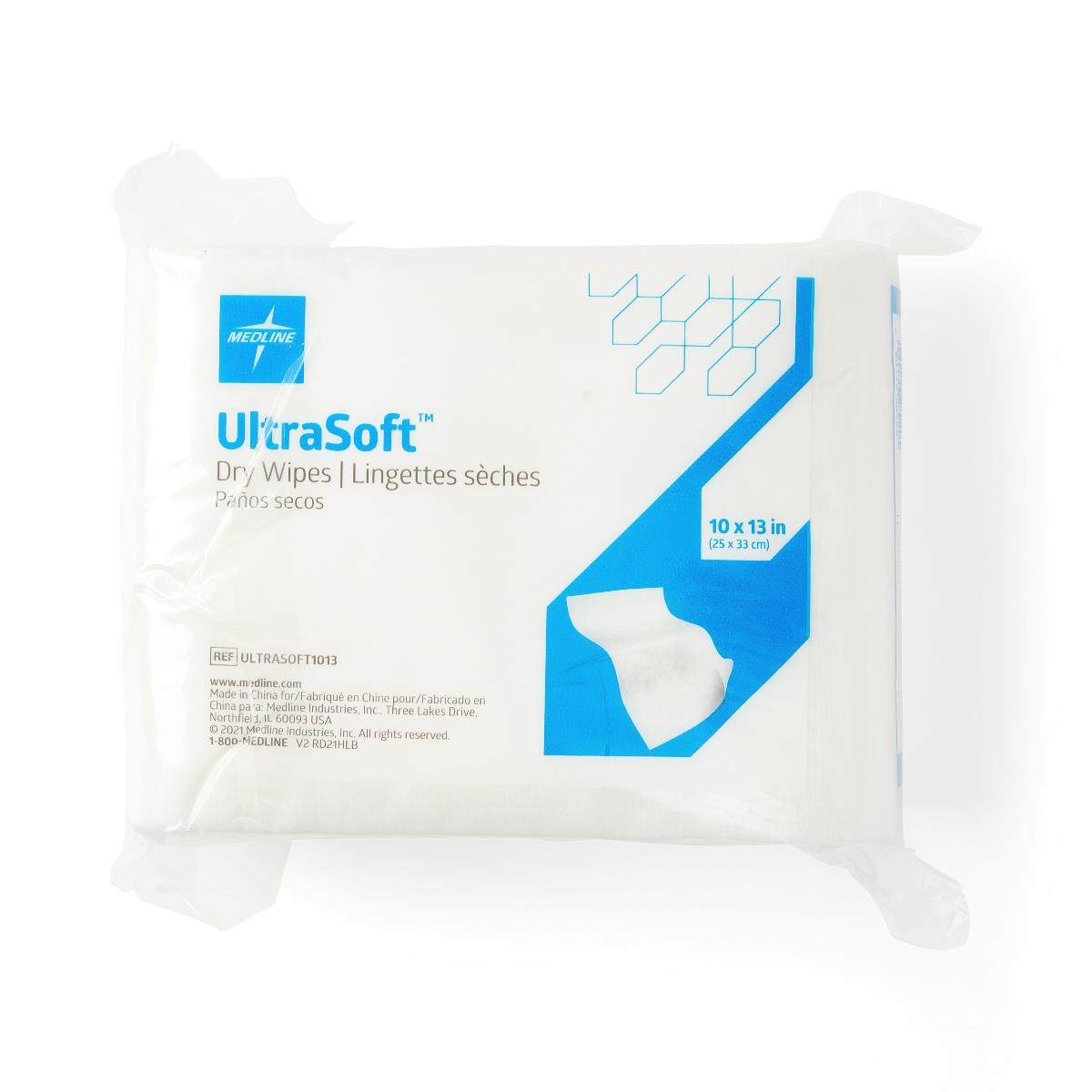 Dry cleansing wipes in sealed plastic packaging with blue and white label, 10x13 inches