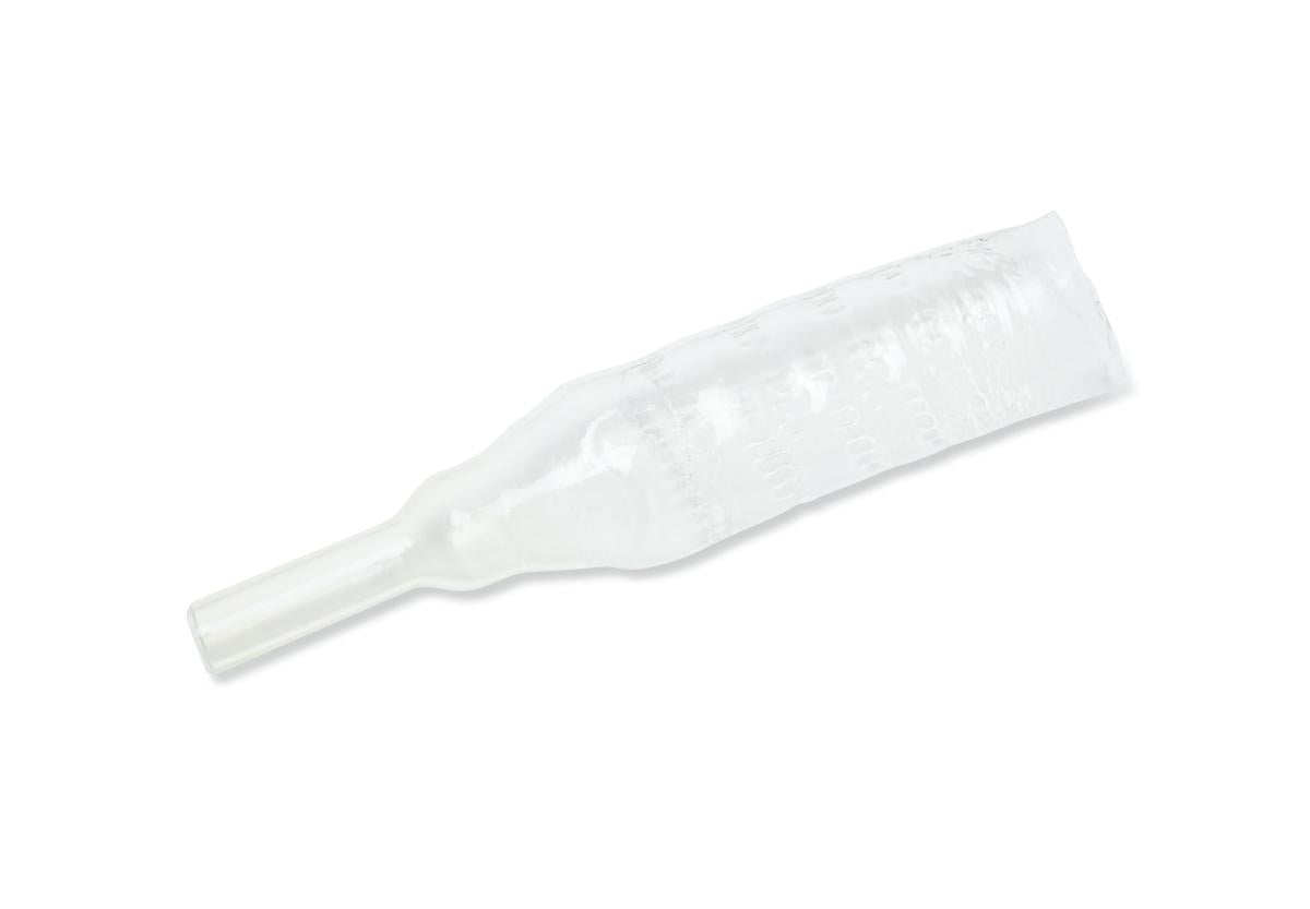 Male external catheter, clear silicone wideband style with drainage tip, shown unrolled on white background