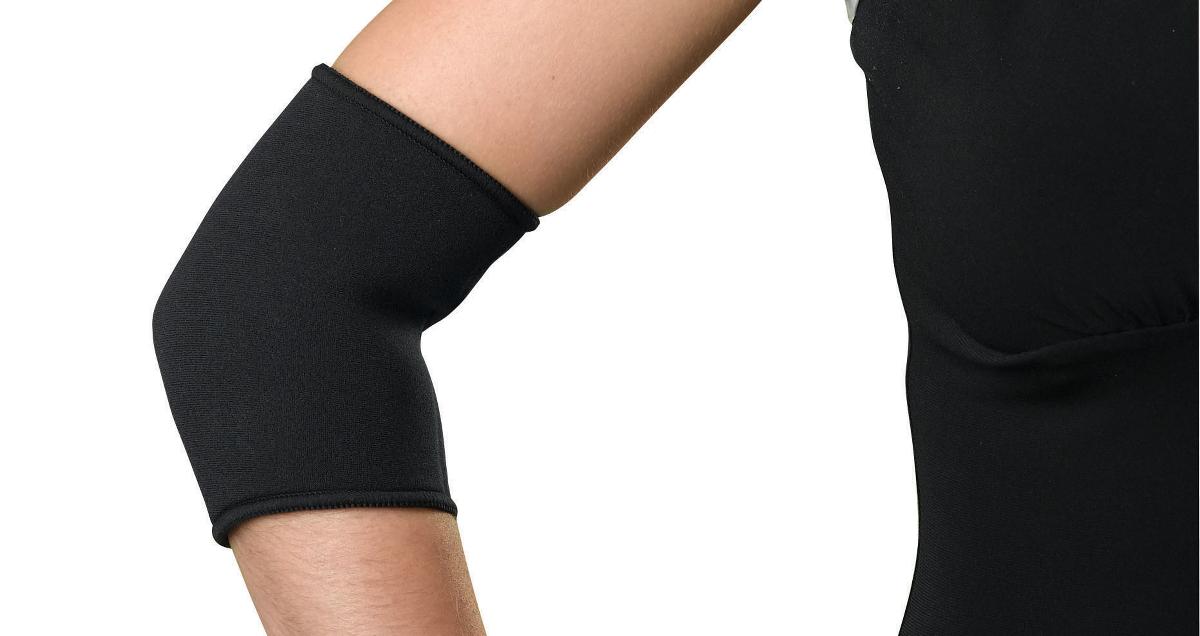 Neoprene elbow sleeve support in black worn on a bent arm, shown against a white background